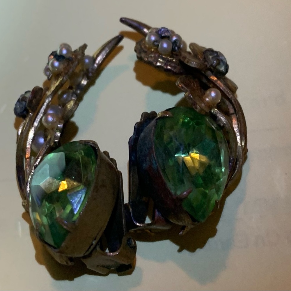 Vintage Green Rhinestone Clip On Climber Earrings with Faux Pearls